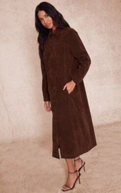 Prettylittlething Chocolate Suede Longline Button Coat