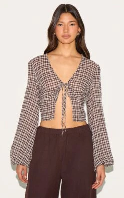 Prettylittlething Brown Tie Front Gingham Blouse