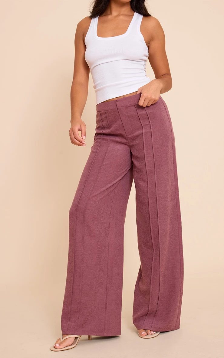 Prettylittlething Deep Purple Peachskin Seam Detail Straight Leg Pants - Image 2