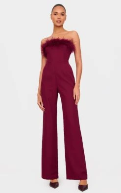 Prettylittlething Burgundy Faux Fur Bandeau Straight Leg Jumpsuit