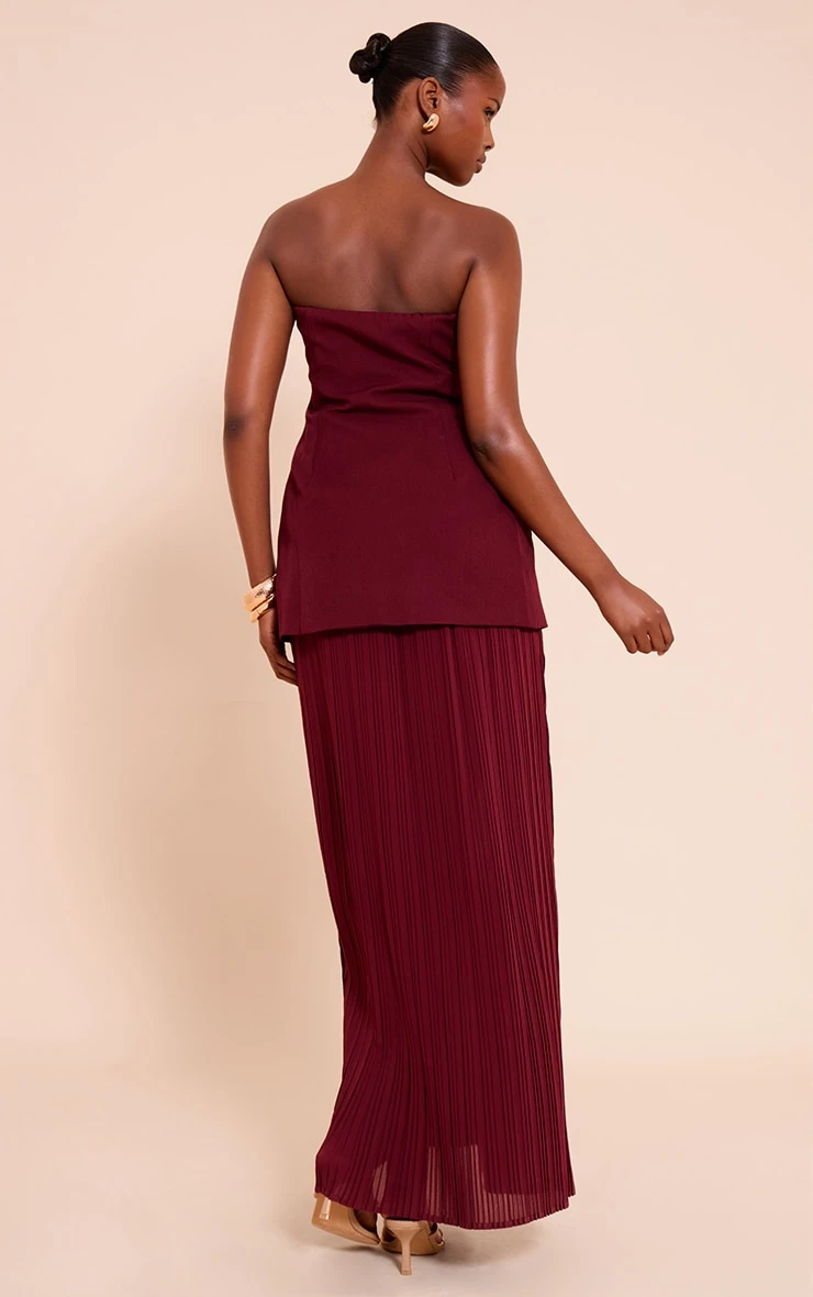 Prettylittlething Burgundy Bandeau Pleated Chiffon Skirt Panel Maxi Dress - Image 2