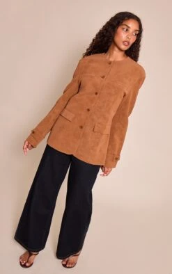 Prettylittlething Tan Collarless Button Detail Faux SuedeJacket -Pretty Little Thing Shop f9f400e91d88064ca7823c6f0aa299603355da0f CNN8565 3 tan collarless button detail faux suede jacket