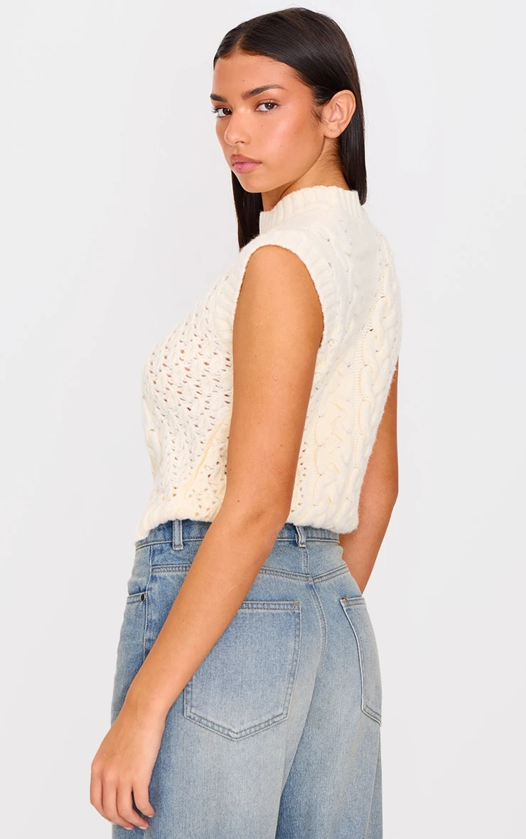 Prettylittlething Cream Textured Cable Knit Sweater Vest 2 Prettylittlething Cream Textured Cable Knit Sweater Vest - Image 2