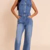 Prettylittlething Mid Blue Wash Sleeveless Shirt Style Denim Jumpsuit