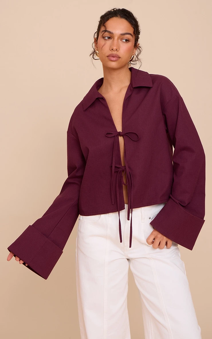 Prettylittlething Plum Tie Front Linen Look Collar Blazer 1 Prettylittlething Plum Tie Front Linen Look Collar Blazer