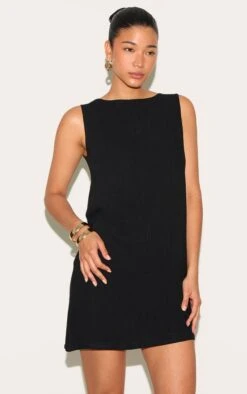 Prettylittlething Black Textured Boat Neck Boxy Shift Dress