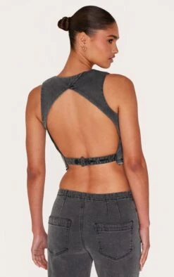 Prettylittlething Washed Black Raw Hem Cut Out Back Denim Vest