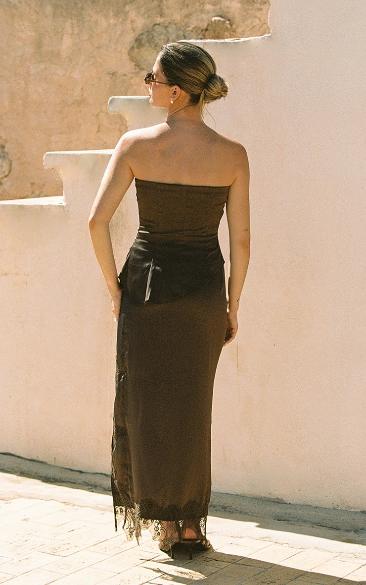 Prettylittlething Brown Satin Lace Detail Midi Skirt 2 Prettylittlething Brown Satin Lace Detail Midi Skirt - Image 2