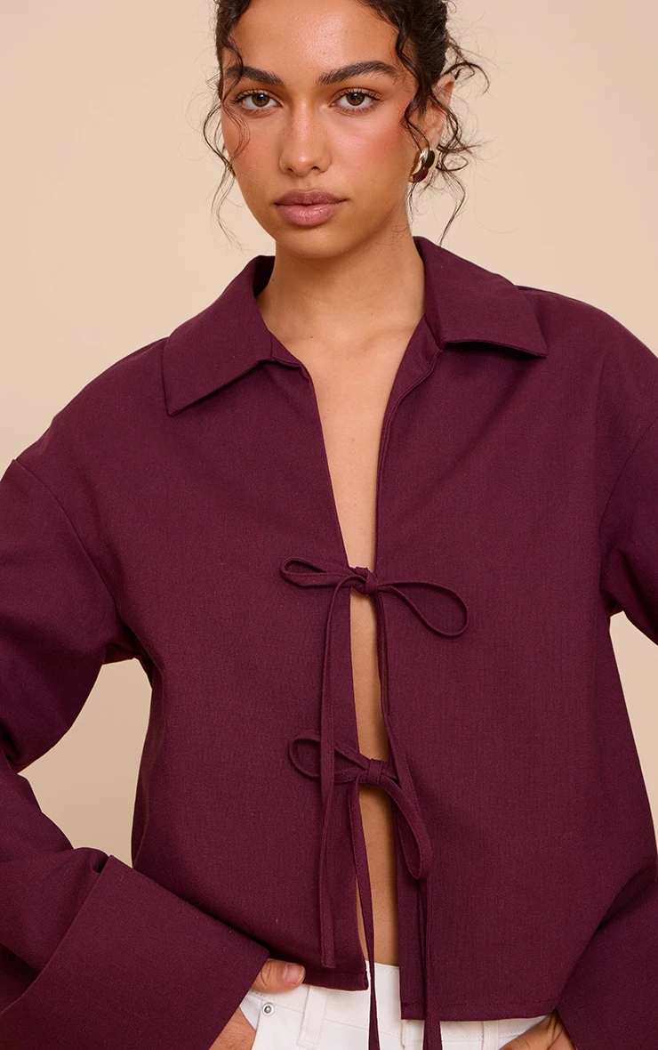 Prettylittlething Plum Tie Front Linen Look Collar Blazer 4 Prettylittlething Plum Tie Front Linen Look Collar Blazer - Image 4