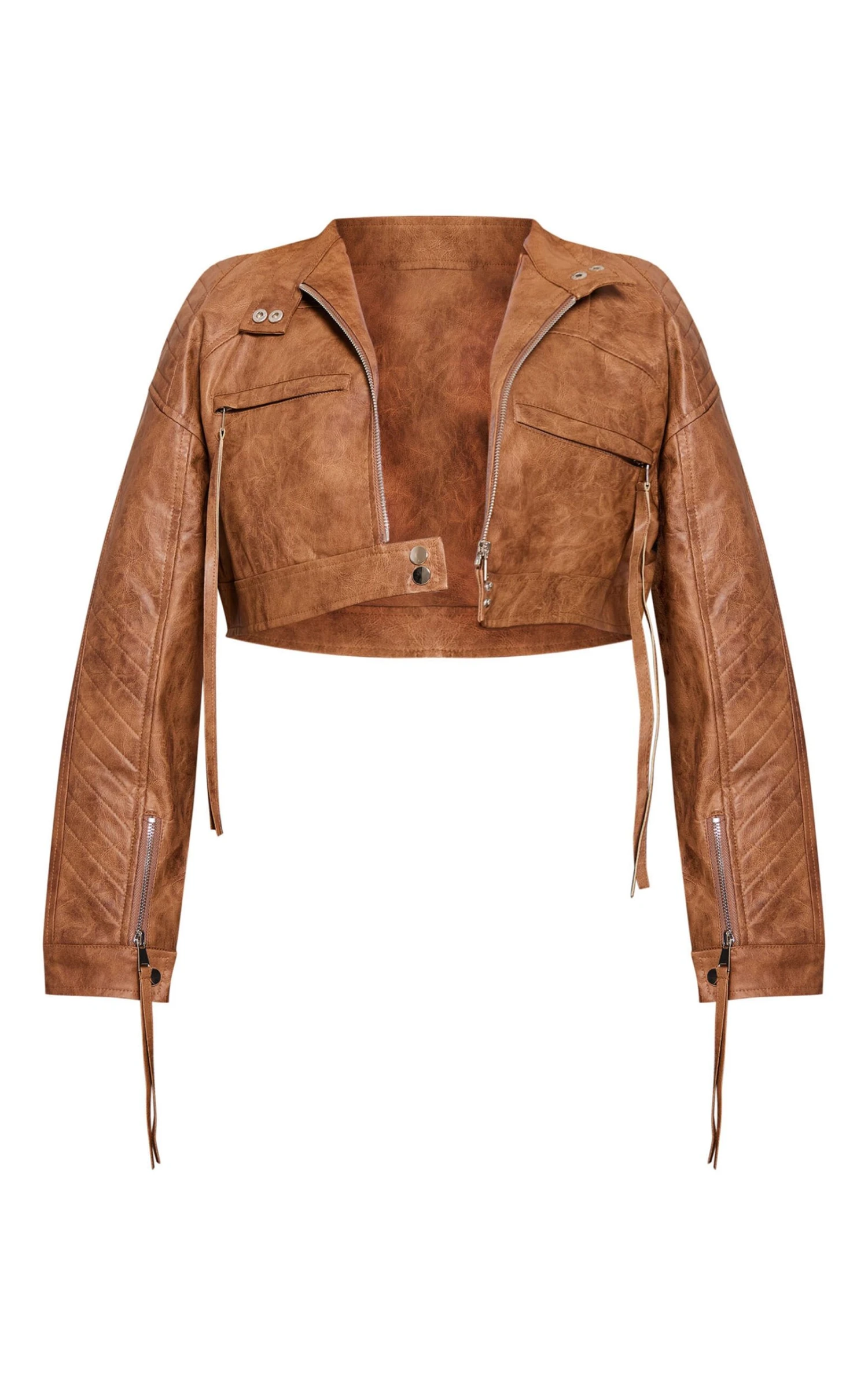Brown Faux Leather Distressed Cropped Biker Jacket 5 Brown Faux Leather Distressed Cropped Biker Jacket - Image 5
