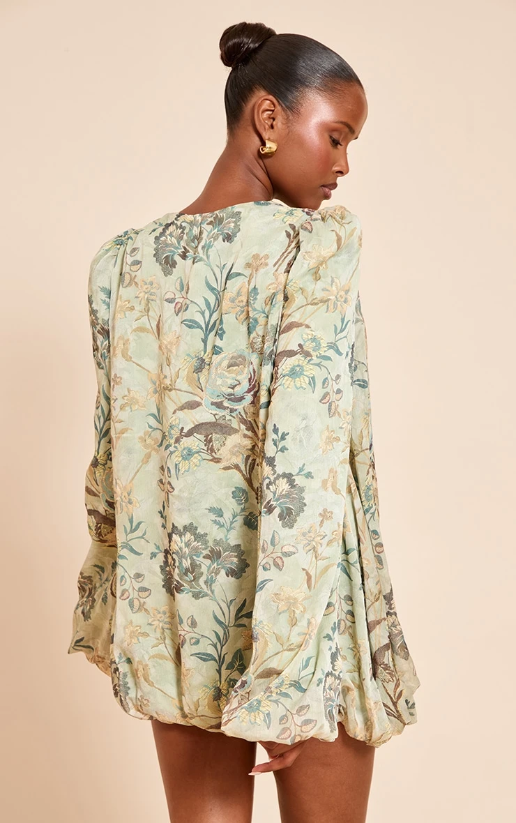 Sage Floral Print Plunge Puff Sleeve Shift Dress - Image 2