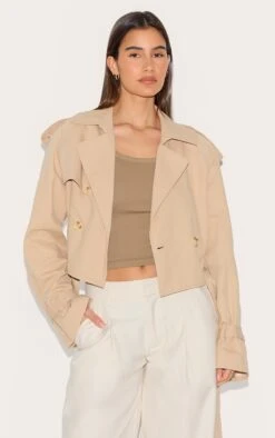 Prettylittlething Beige Cropped Belted Hem Trench Coat
