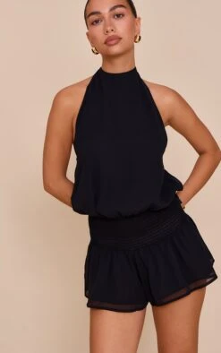 Prettylittlething Black Chiffon Halterneck Romper