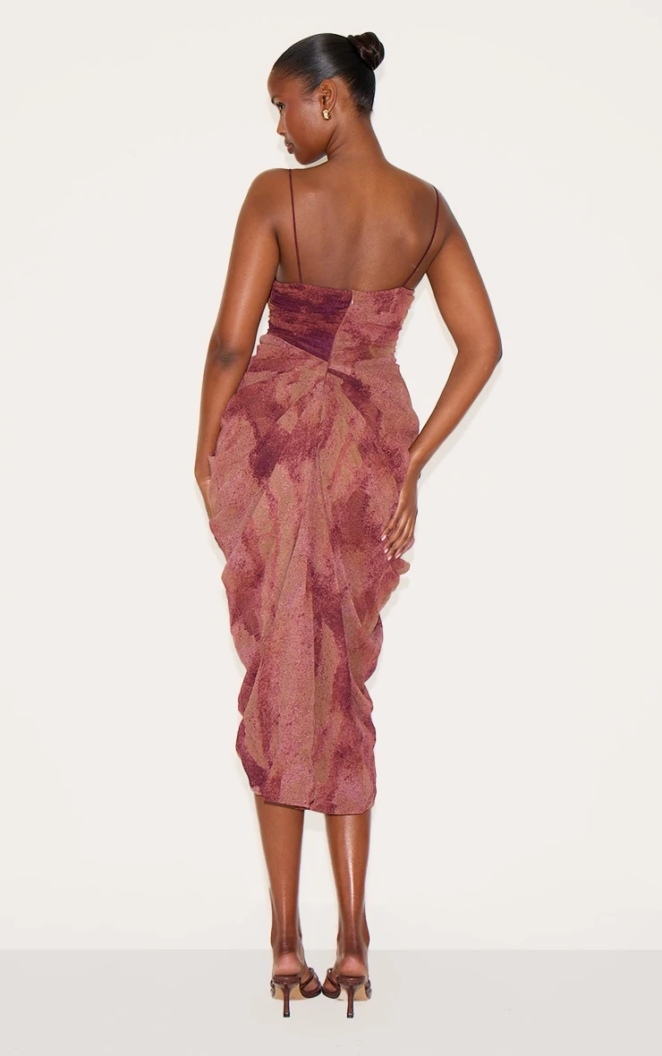 Prettylittlething Dark Purple Abstract Print Chiffon Ruched Drape Midi Dress - Image 2