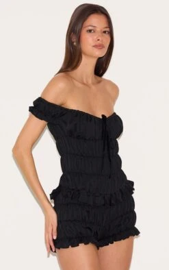 Prettylittlething Black Extreme Ruched Bardot Romper -Pretty Little Thing Shop fc57ad428604830dd5cab6f8e3efd77316341319 CNL9245 4 black extreme ruched bardot playsuit