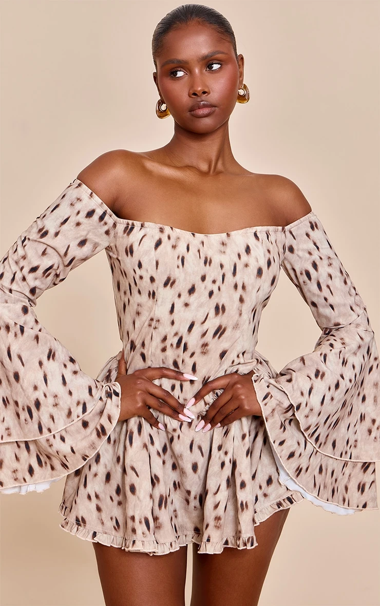 Prettylittlething Brown Abstract Print Bardot Flare Sleeve Romper 1 Prettylittlething Brown Abstract Print Bardot Flare Sleeve Romper