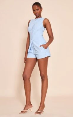 Prettylittlething Pale Blue Textured Tailored Shorts