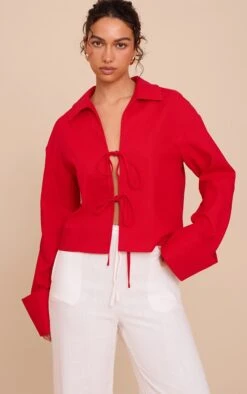 Prettylittlething Tomato Tie Front Linen Look Collar Blazer