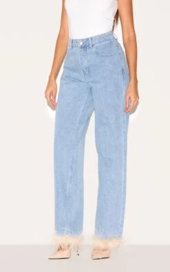 Prettylittlething Blue Feather Trim Straight Leg Jeans
