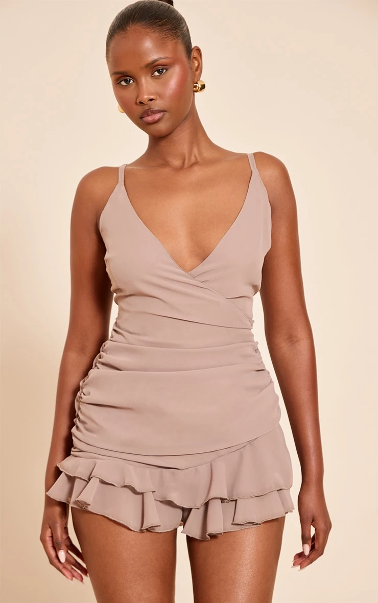 Taupe V Neck Frill Romper 1 Taupe V Neck Frill Romper