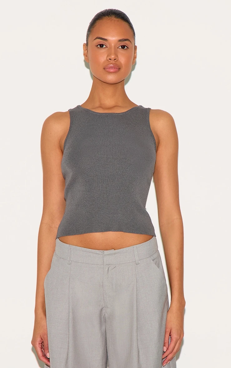 Prettylittlething Charcoal Fine KnitRacer Neck Top 1 Prettylittlething Charcoal Fine KnitRacer Neck Top