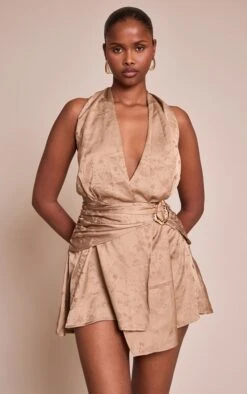 Prettylittlething Olive Satin Jacquard Trim Detail Mini Shift Dress