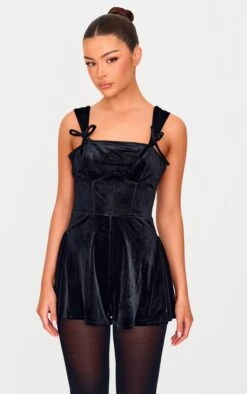 Prettylittlething Black Velvet Strappy Bow Detail Romper