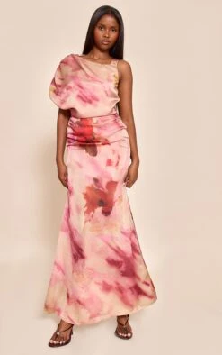Prettylittlething Pink Printed Asymmetric Ruched Detail Maxi Dress