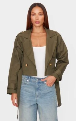 Prettylittlething Khaki Cropped Trench Coat