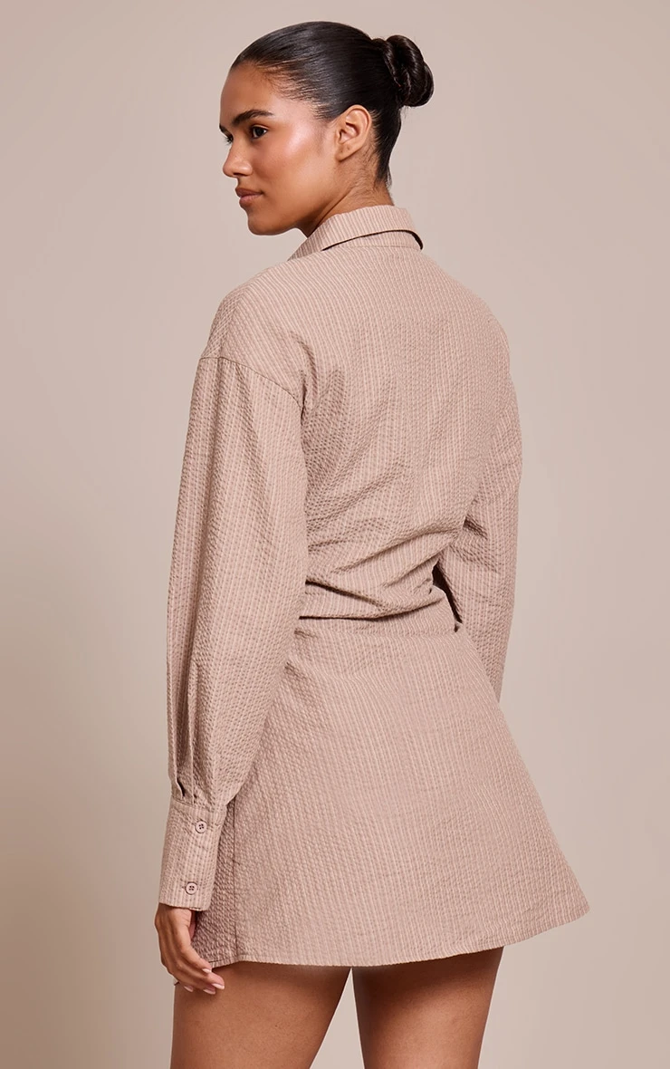 Prettylittlething Taupe Pinstripe Seersucker Cinched Waist Shirt Dress 2 Prettylittlething Taupe Pinstripe Seersucker Cinched Waist Shirt Dress - Image 2