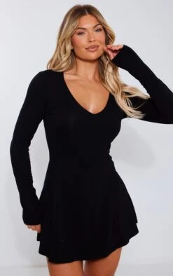 Prettylittlething Black Long Sleeve Detail Skort Romper