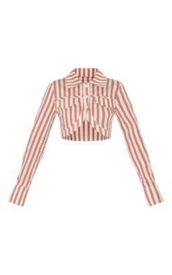 Prettylittlething Brown Striped Curved Hem Cropped Shirt -Pretty Little Thing Shop fe705b872f559c2b84afe03bc35a419a3a9d1c46 CNM2510 5 brown striped curved hem cropped shirt