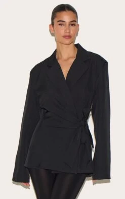 Prettylittlething Black Tie Front Structured Blazer