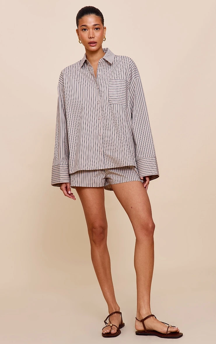 Prettylittlething Stone Woven Pinstripe Balloon Sleeve Oversized Shirt - Image 3
