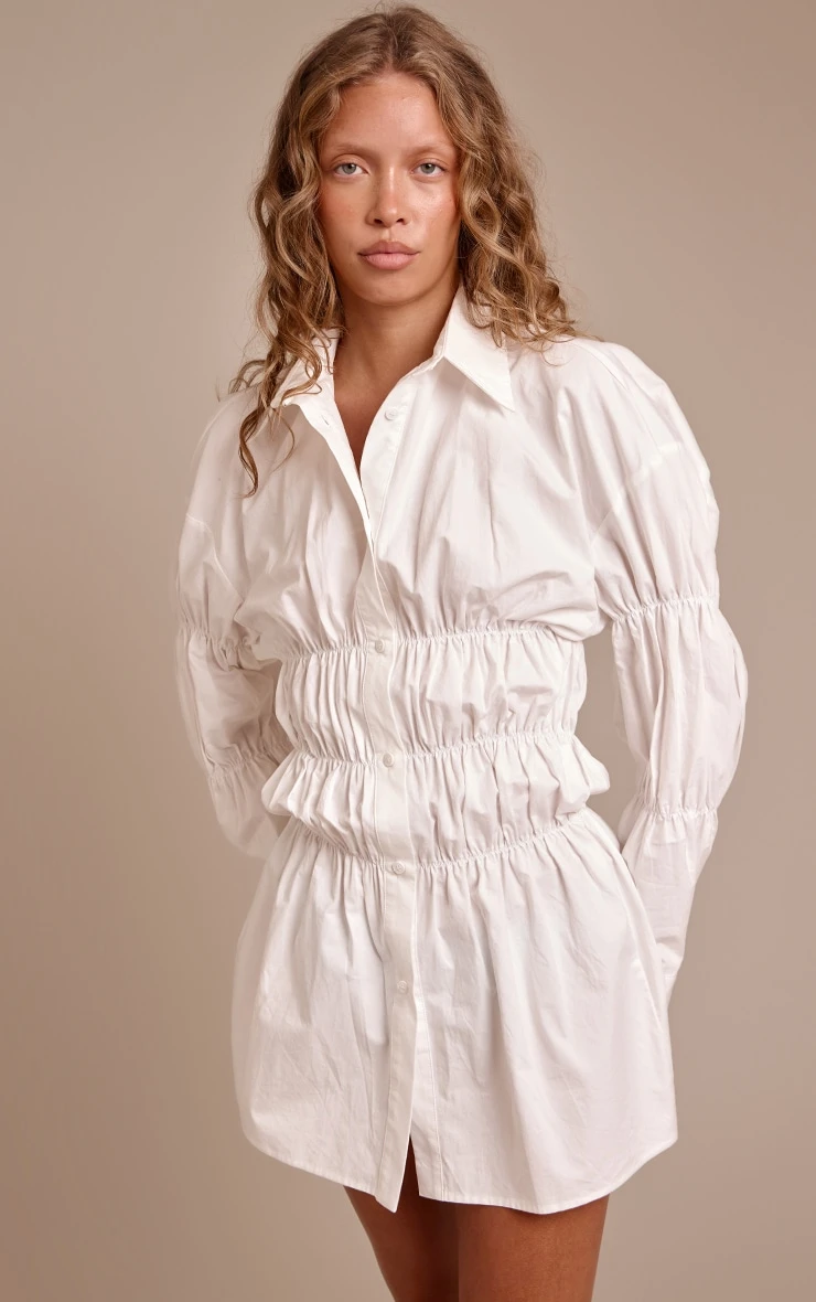 Prettylittlething White Ruched Long Sleeve Shirt Dress 1 Prettylittlething White Ruched Long Sleeve Shirt Dress