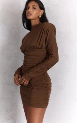 Chocolate Brown Ruched Long Sleeve Bodycon Dress
