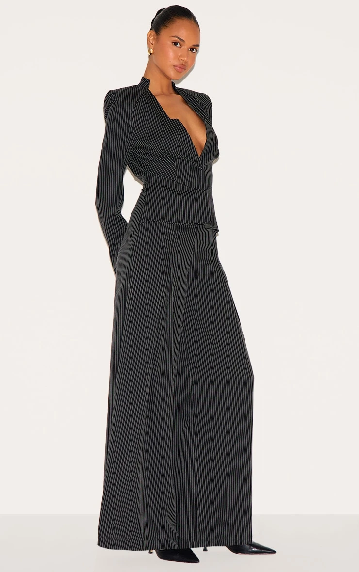 Prettylittlething Black Pinstripe Shirt Detail Straight Leg Jumpsuit 3 Prettylittlething Black Pinstripe Shirt Detail Straight Leg Jumpsuit - Image 3