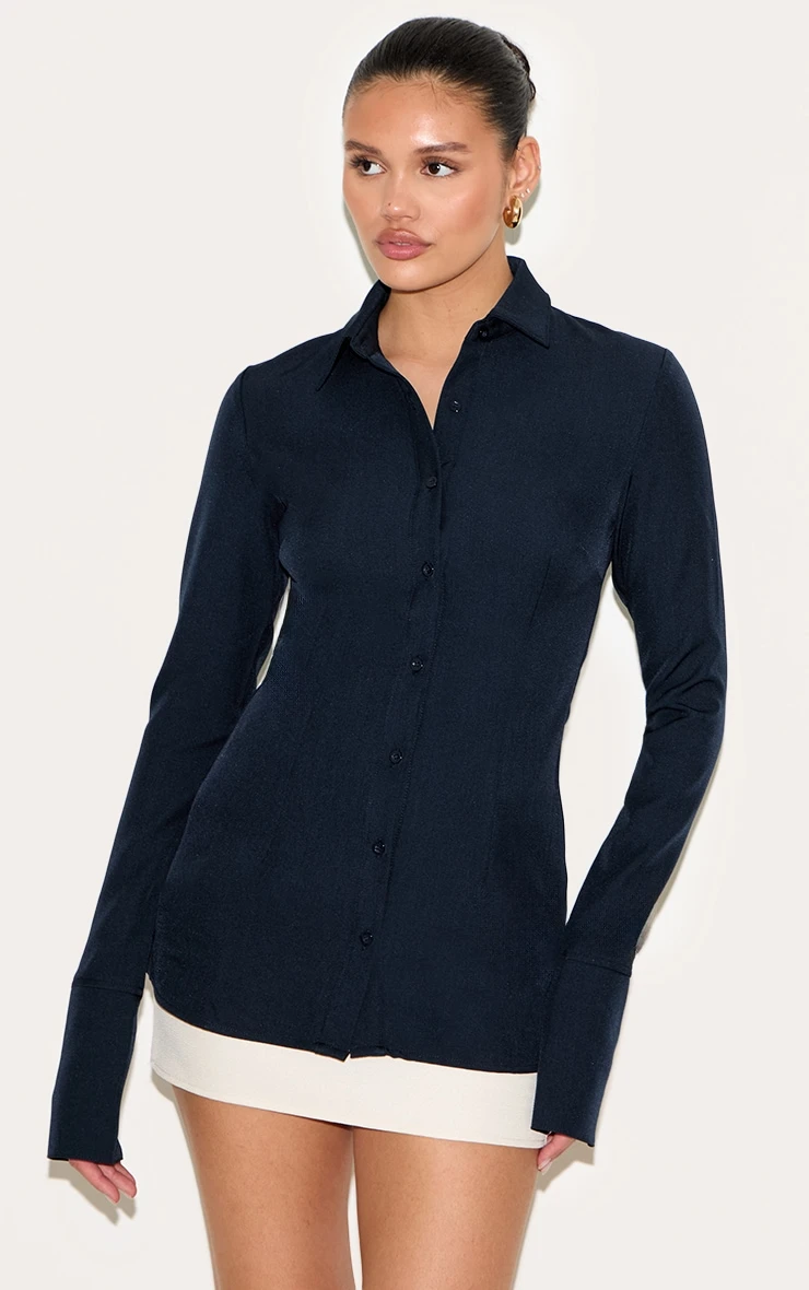 Prettylittlething Navy Woven Fitted Shirt 1 Prettylittlething Navy Woven Fitted Shirt