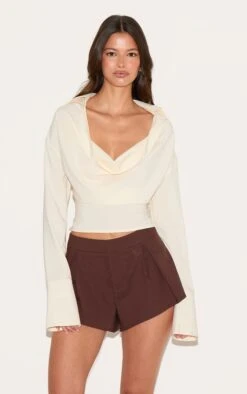 Prettylittlething Almond Chiffon Cowl Neck Blouse