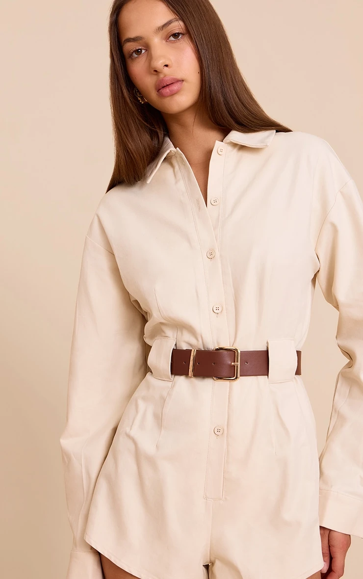 Prettylittlething Stone Woven Utility Belted Romper 1 Prettylittlething Stone Woven Utility Belted Romper