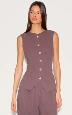 Prettylittlething Dark Brown Linen Look Tailored Vest